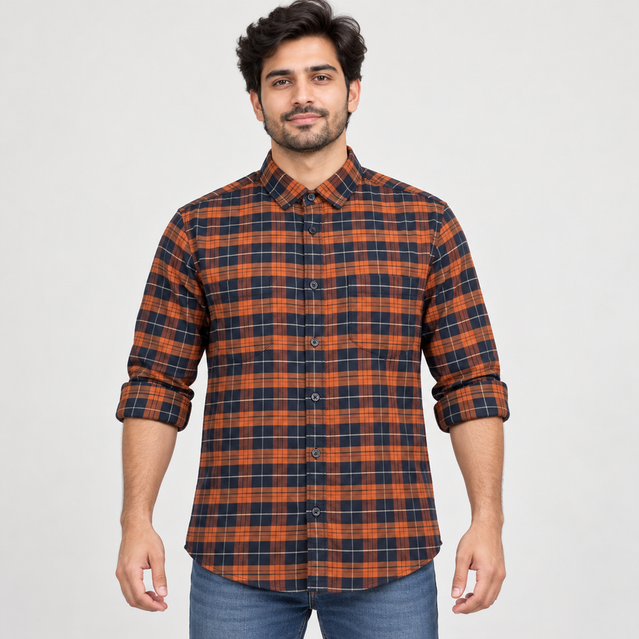 Double-Pocket Checked Shirt - Orange and Navy - adult male model with folded sleeves