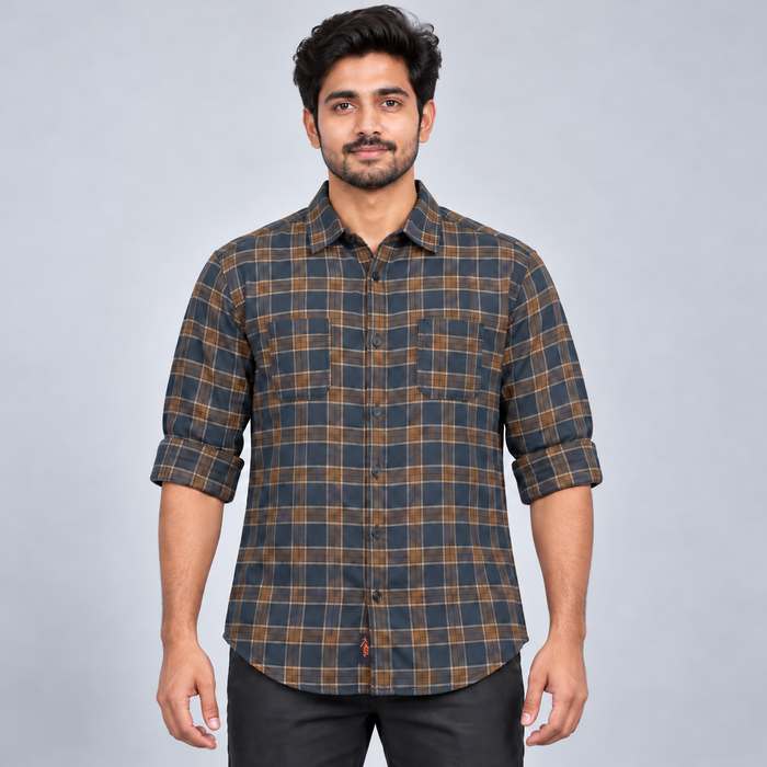 Double-Pocket Plaid Shirt - Navy and Brown
