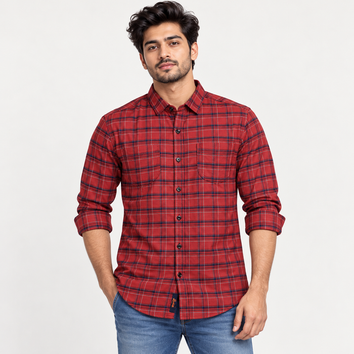 Double-Pocket Plaid Shirt - Brick Red