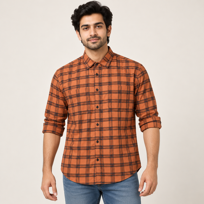 Double-Pocket Windowpane Check Shirt - Burnt Orange