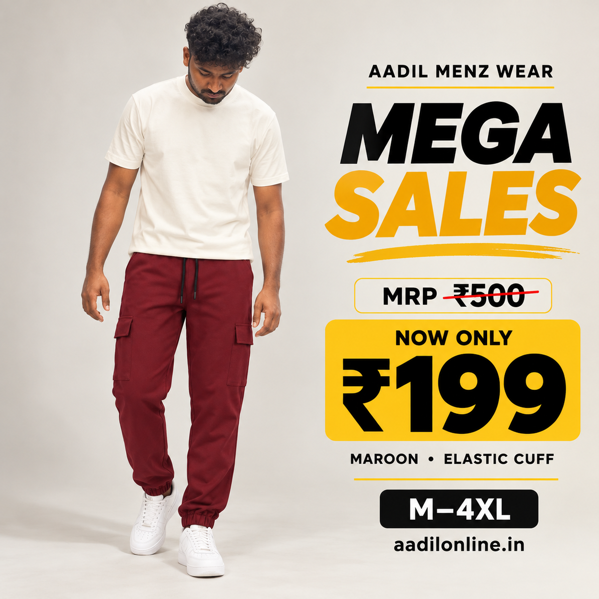 Cargo Pants - Elastic Cuff - Maroon worn by model — Aadil Mega Sales ₹500 to ₹199