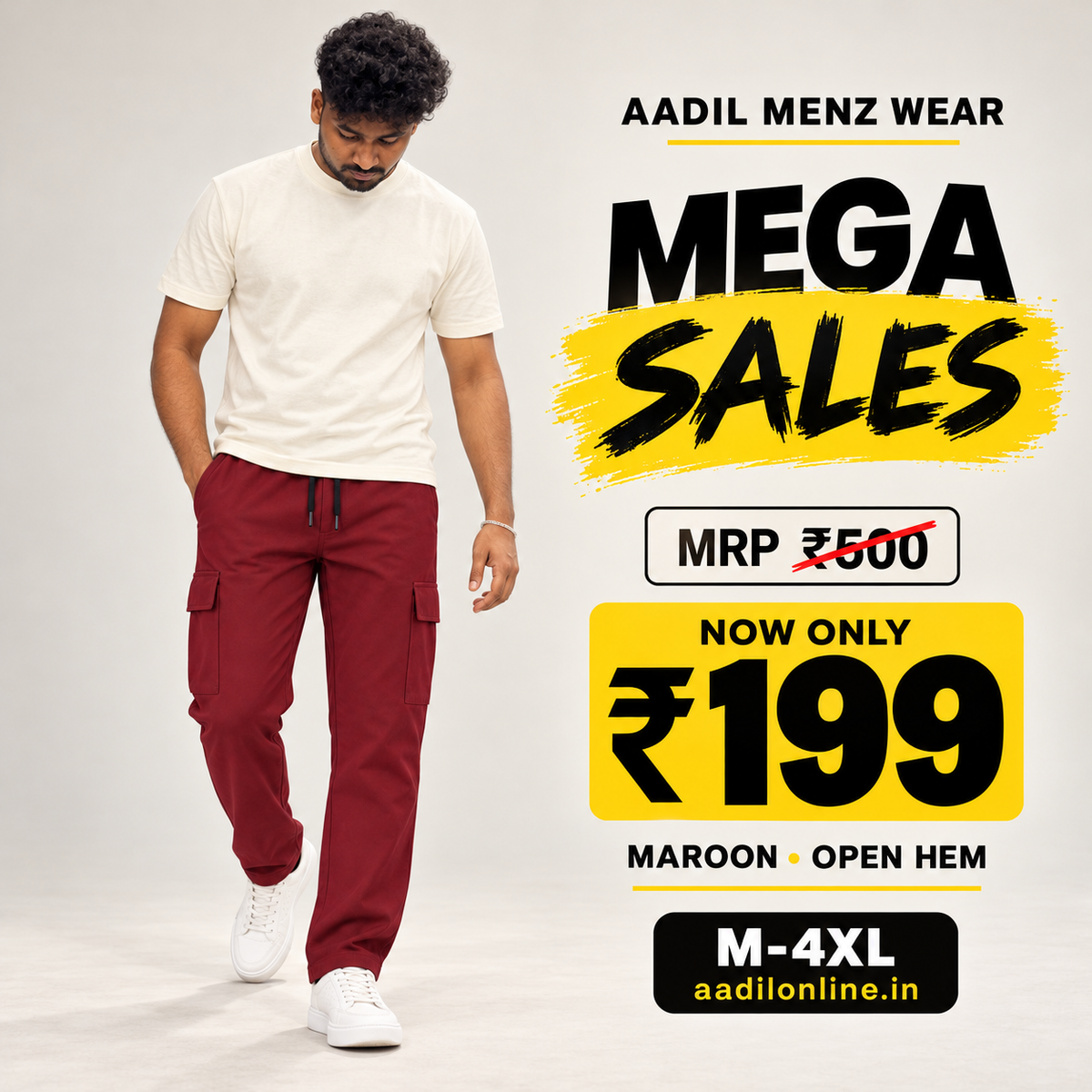 Cargo Pants - Open Hem - Maroon worn by model — Aadil Mega Sales ₹500 to ₹199