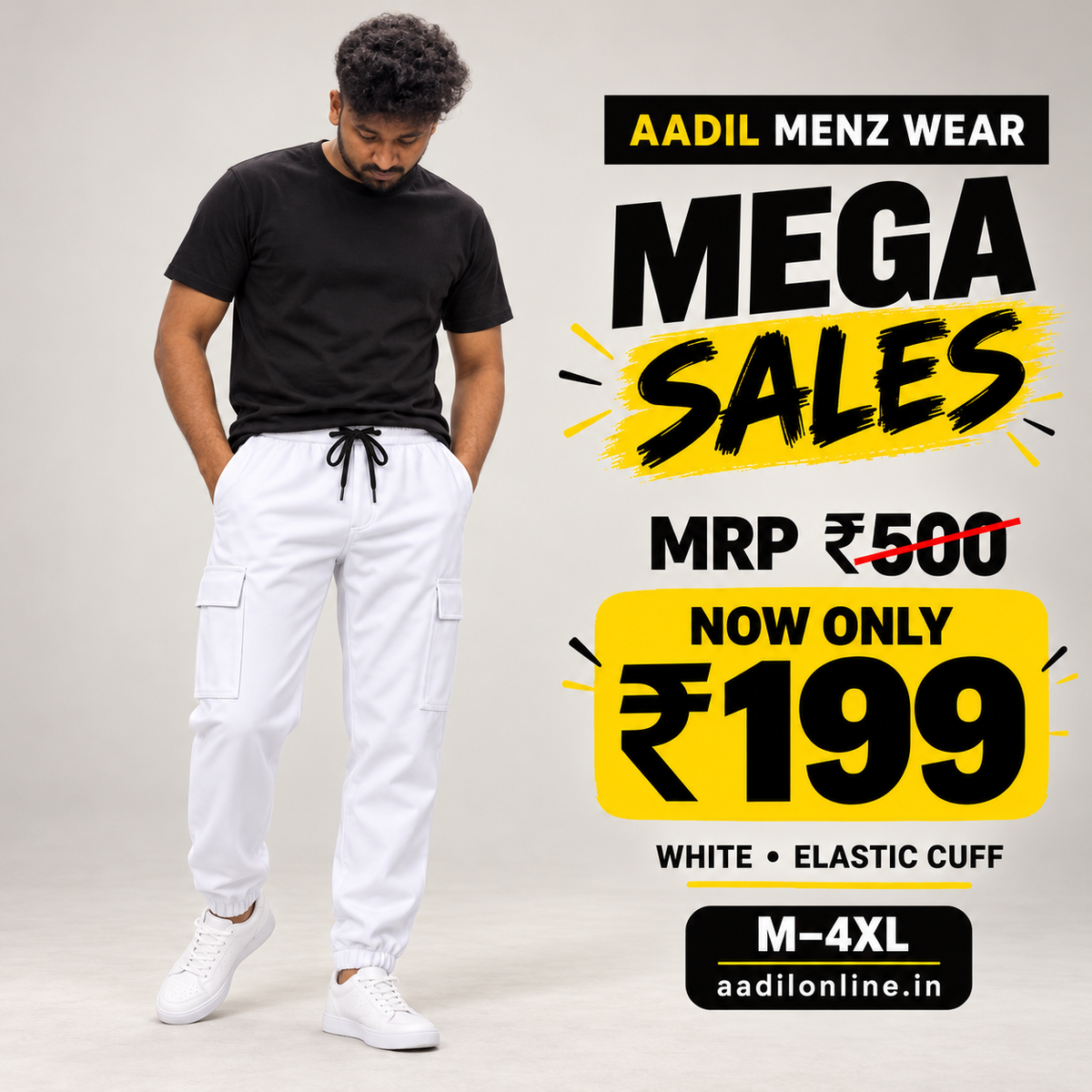 Cargo Pants - Elastic Cuff - White worn by model — Aadil Mega Sales ₹500 to ₹199