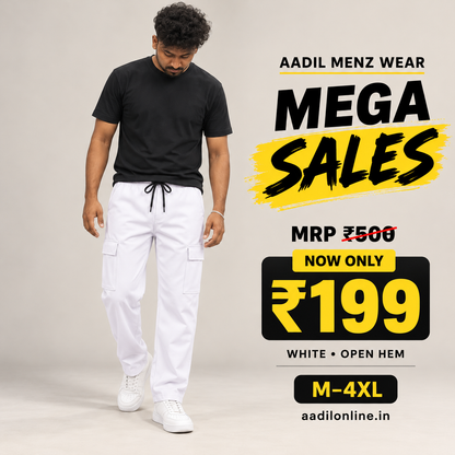 Cargo Pants - Open Hem - White worn by model — Aadil Mega Sales ₹500 to ₹199