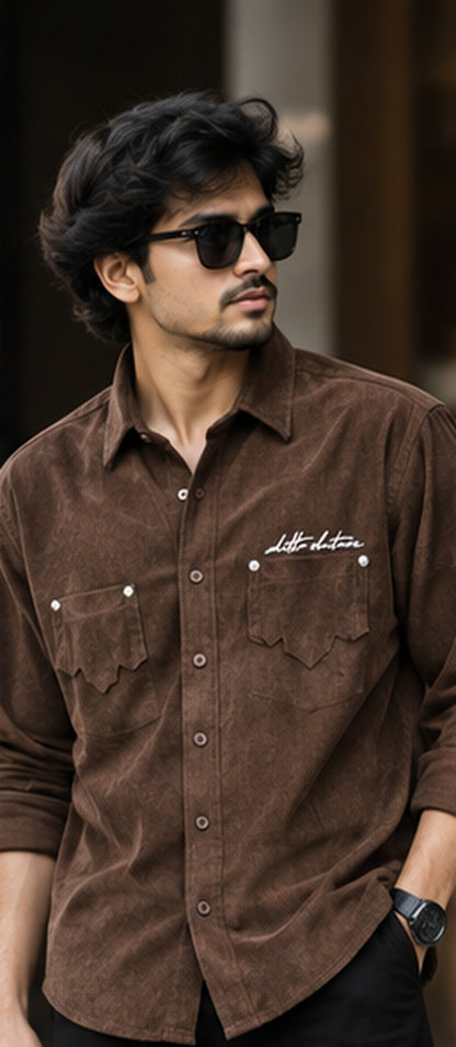 Brown premium men's textured full-sleeve double-pocket shirt – model front