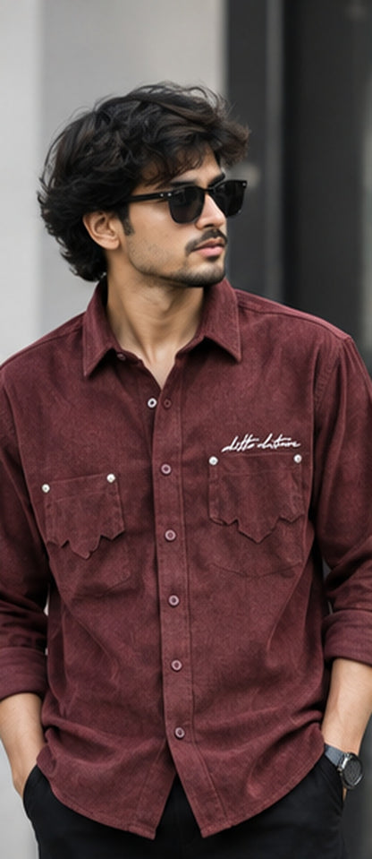 Burgundy premium men's textured full-sleeve double-pocket shirt – model front
