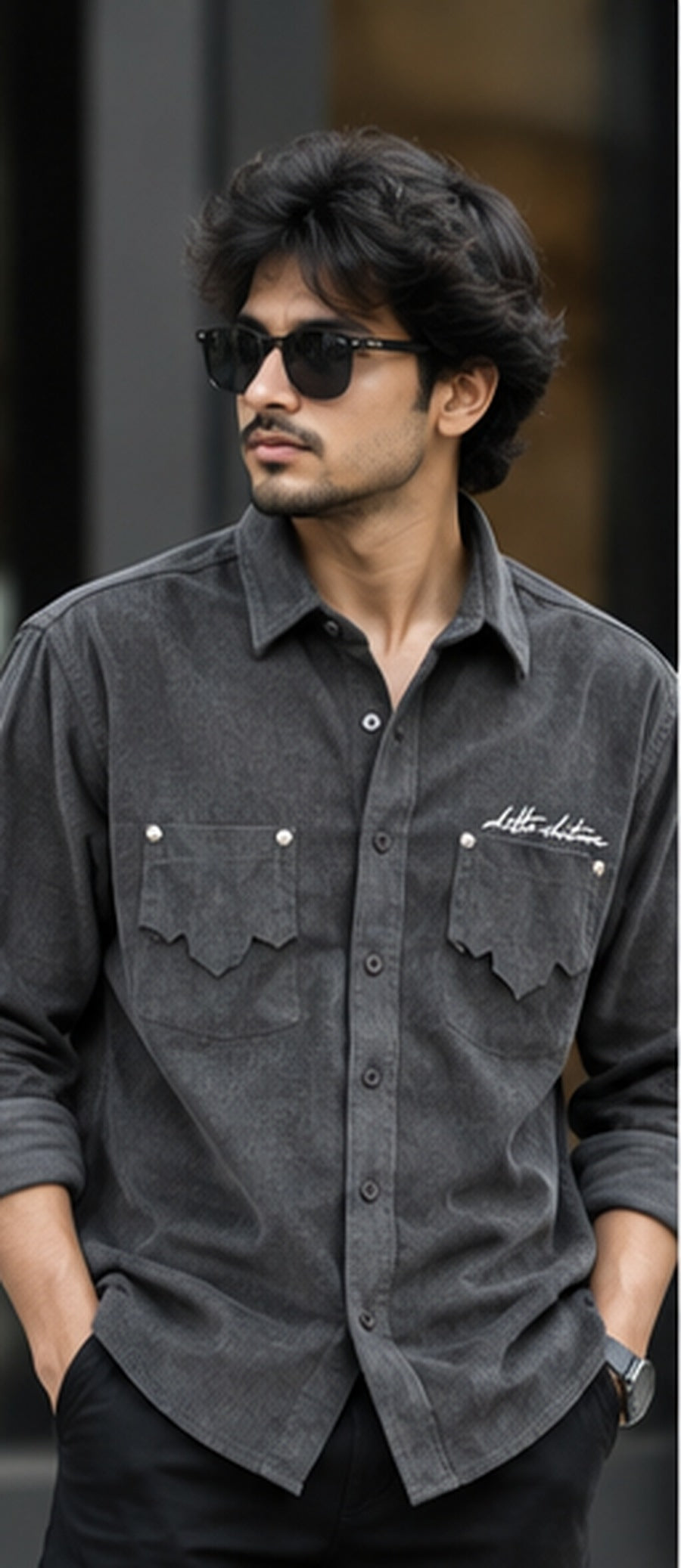 Charcoal Grey premium men's textured full-sleeve double-pocket shirt – model front