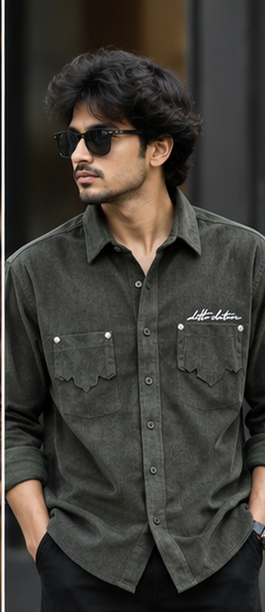 Dark Olive premium men's textured full-sleeve double-pocket shirt – model front