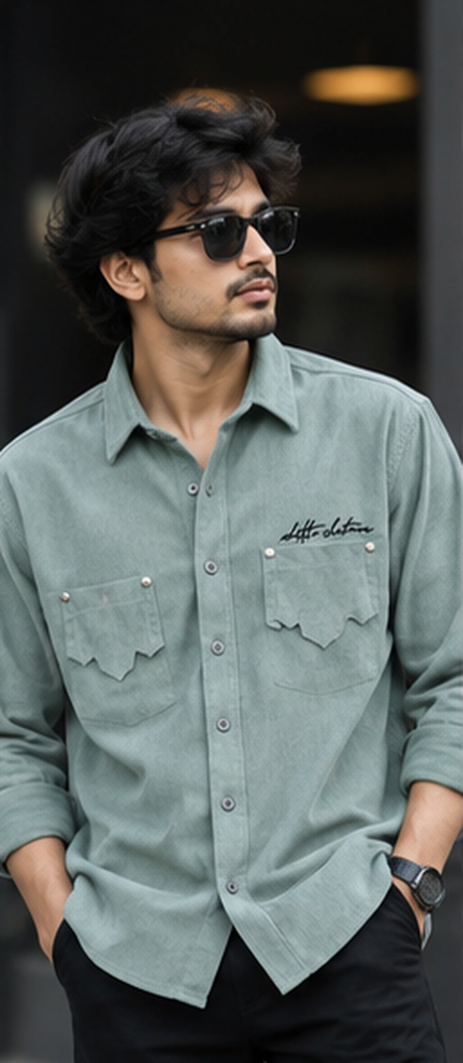 Sage Green premium men's textured full-sleeve double-pocket shirt – model front