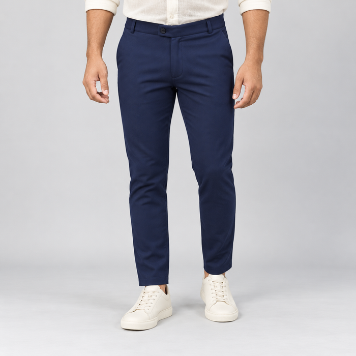 Textured Ankle-Fit Pants - Navy Blue