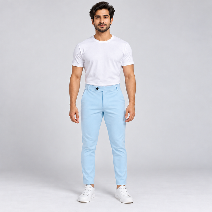 Textured Ankle-Fit Pants - Light Blue
