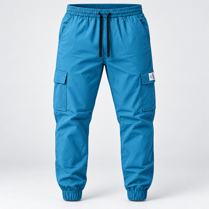 Teal blue cargo jogger pants, full front product-only view.