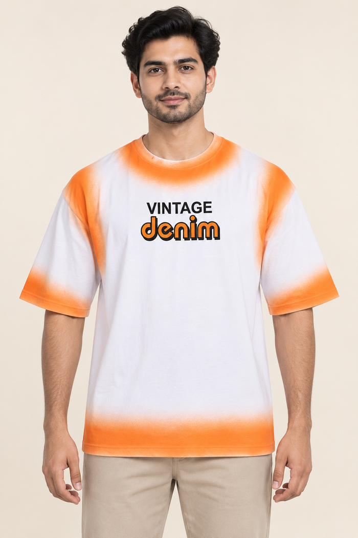 Vintage Denim Airbrush Drop Shoulder T-Shirt - Orange White