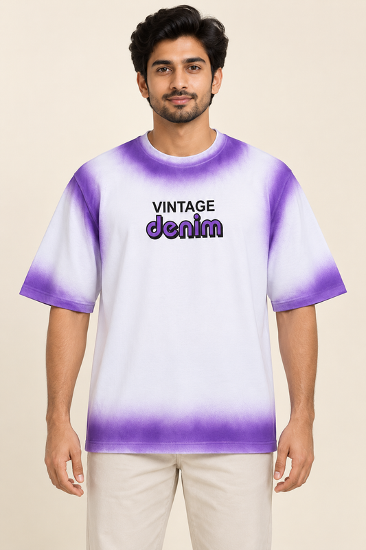 Vintage Denim Airbrush Drop Shoulder T-Shirt - Purple White on an adult male model, front view.