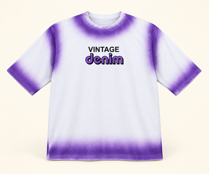 Vintage Denim Airbrush Drop Shoulder T-Shirt - Purple White, full front product view.