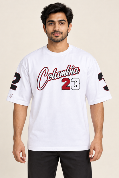 Columbia 23 Graphic Drop Shoulder T-Shirt - White on an adult male model, front view.