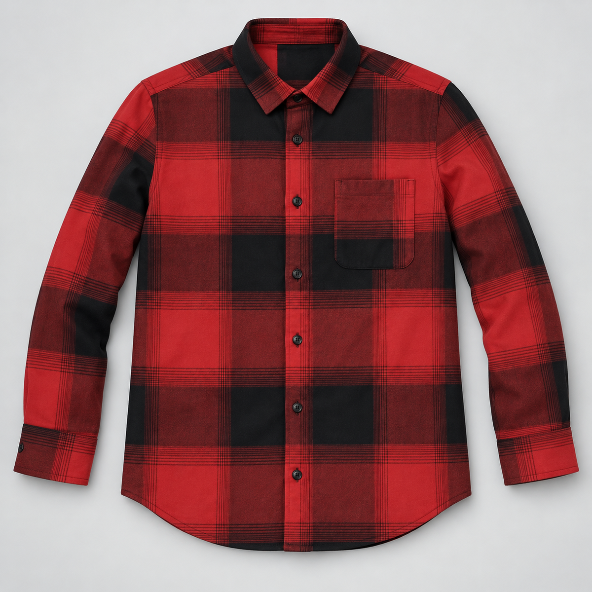 Red and black large-check full sleeve shirt with the actual open chest pocket — dimensional product front