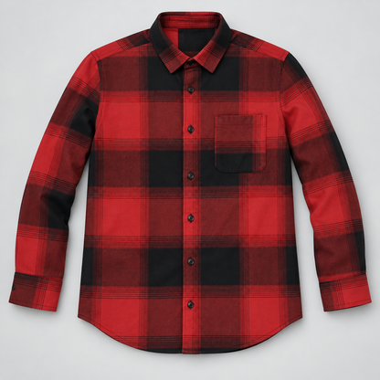 Red and black large-check full sleeve shirt with the actual open chest pocket — dimensional product front