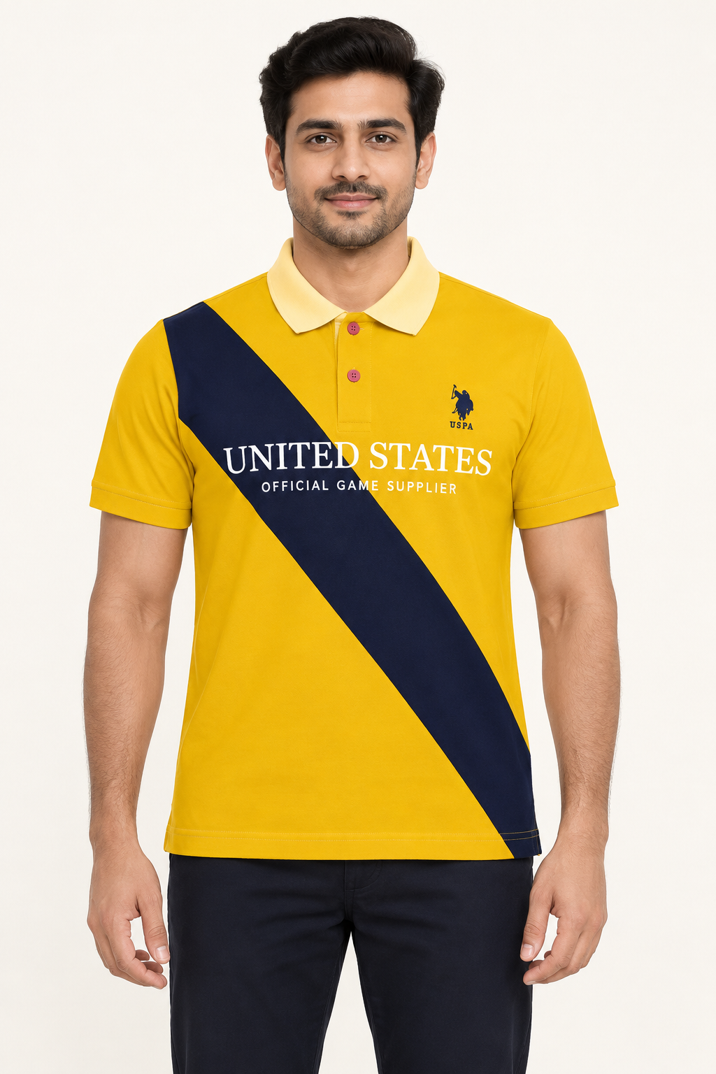 Diagonal Sash Graphic Polo T-Shirt - Yellow Navy on an adult male model, front view.