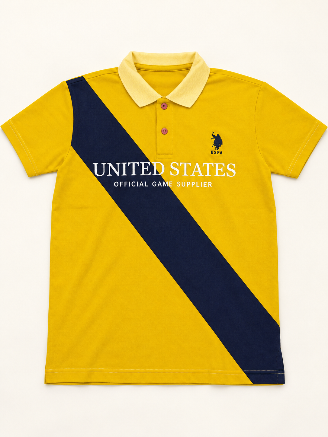 Diagonal Sash Graphic Polo T-Shirt - Yellow Navy, full front product view.