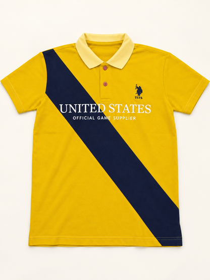 Diagonal Sash Graphic Polo T-Shirt - Yellow Navy, full front product view.
