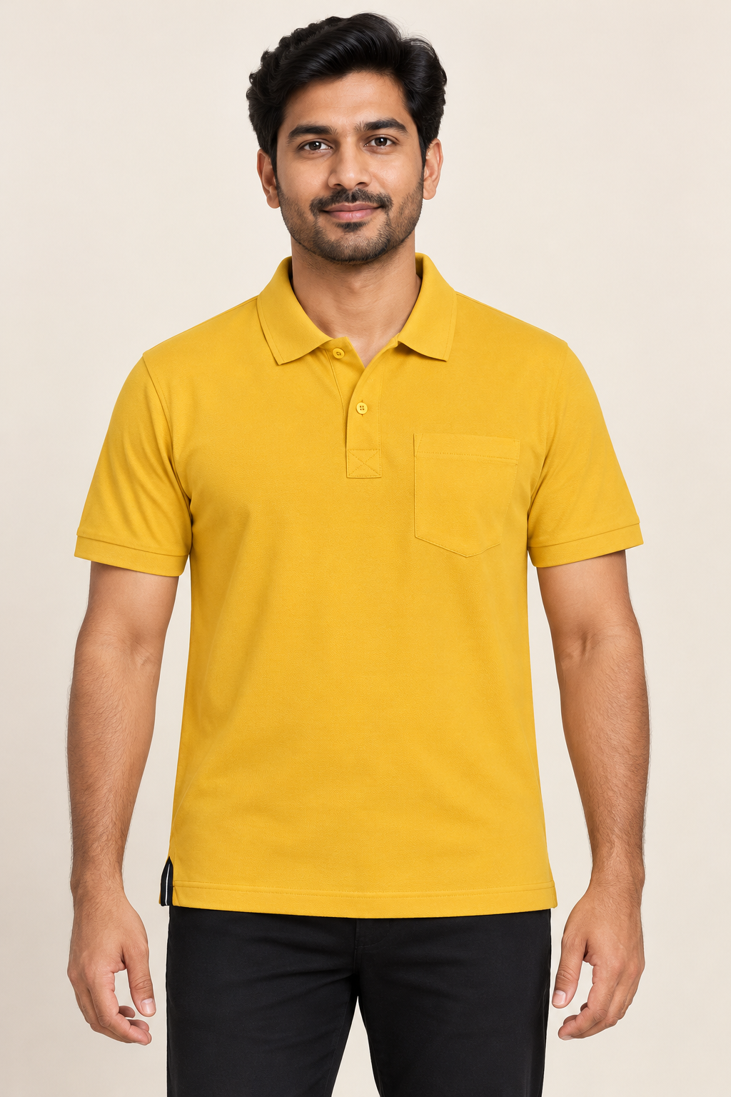 Plain Collar Pocket Polo T-Shirt - Mustard Yellow on an adult male model, front view.