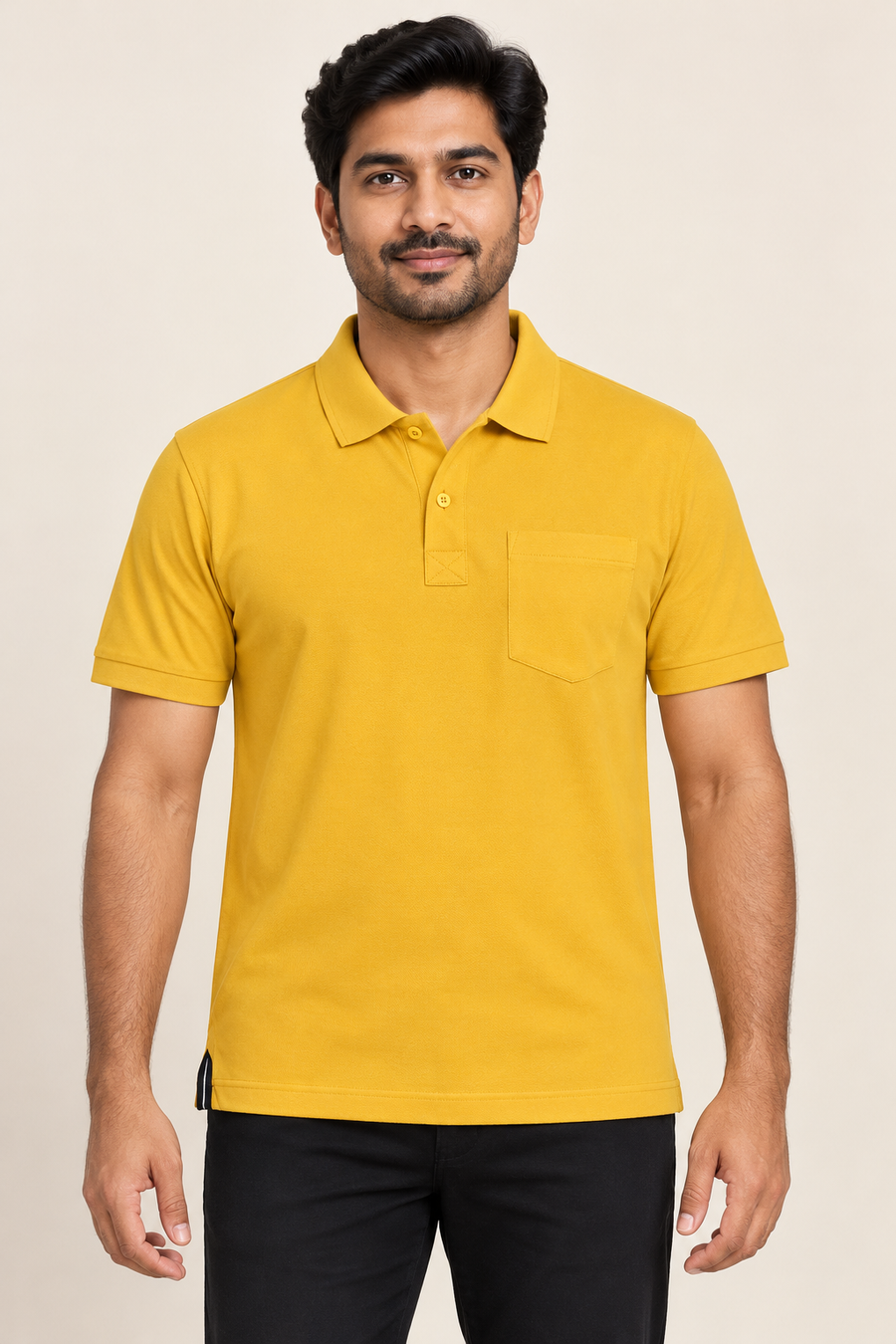 Plain Collar Pocket Polo T-Shirt - Mustard Yellow on an adult male model, front view.