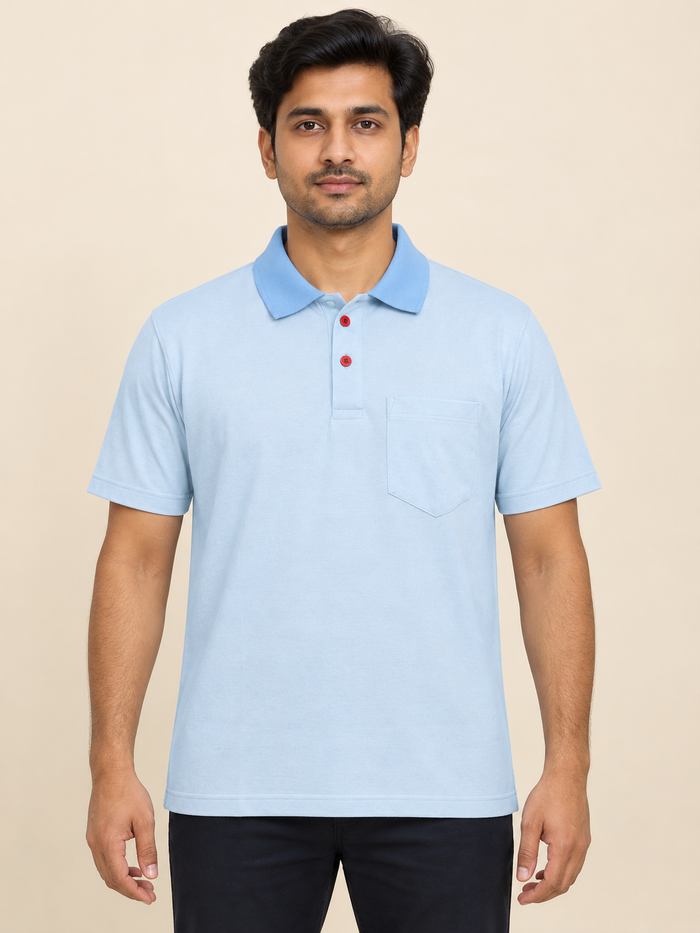 Contrast Collar Pocket Polo T-Shirt - Pale Blue