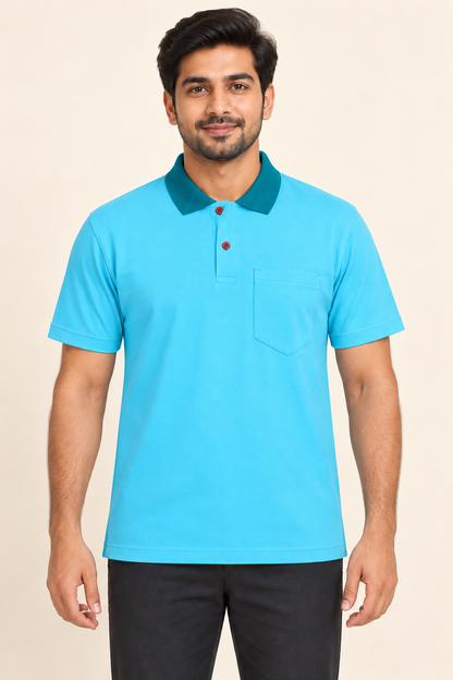 Contrast Collar Pocket Polo T-Shirt - Cyan Dark Teal on an adult male model, front view.
