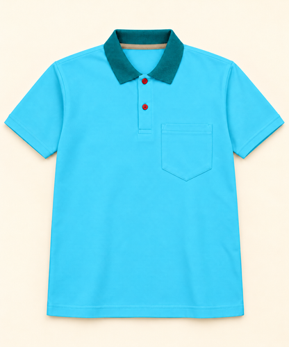 Contrast Collar Pocket Polo T-Shirt - Cyan Dark Teal, full front product view.