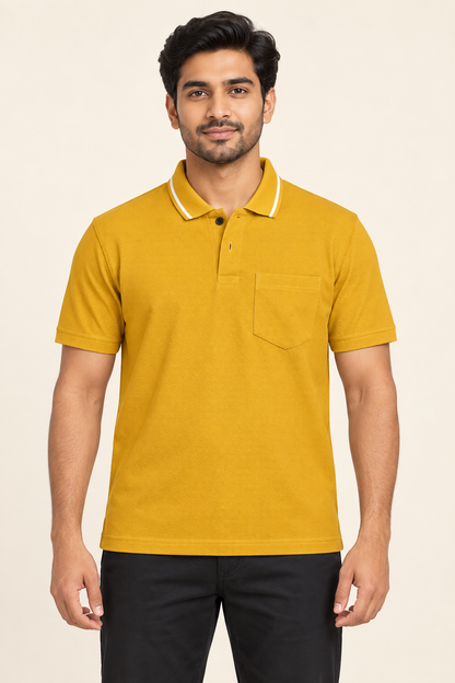 White Edge Collar Pocket Polo T-Shirt - Mustard on an adult male model, front view.