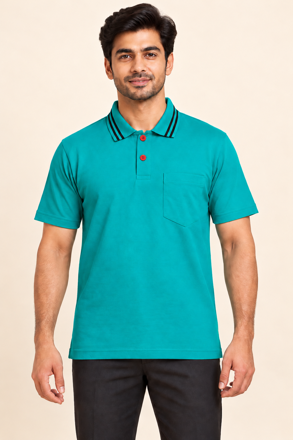 Twin Stripe Collar Pocket Polo T-Shirt - Teal on an adult male model, front view.
