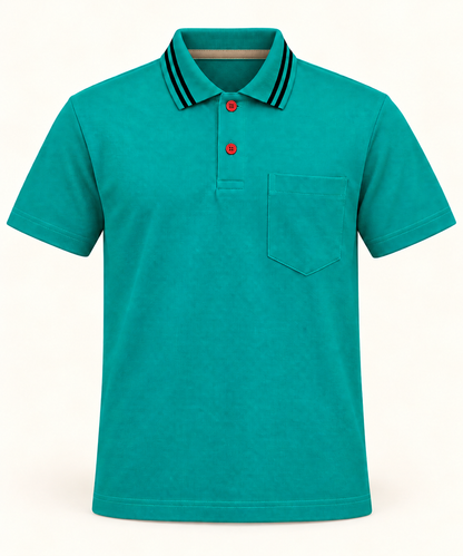 Twin Stripe Collar Pocket Polo T-Shirt - Teal, full front product view.