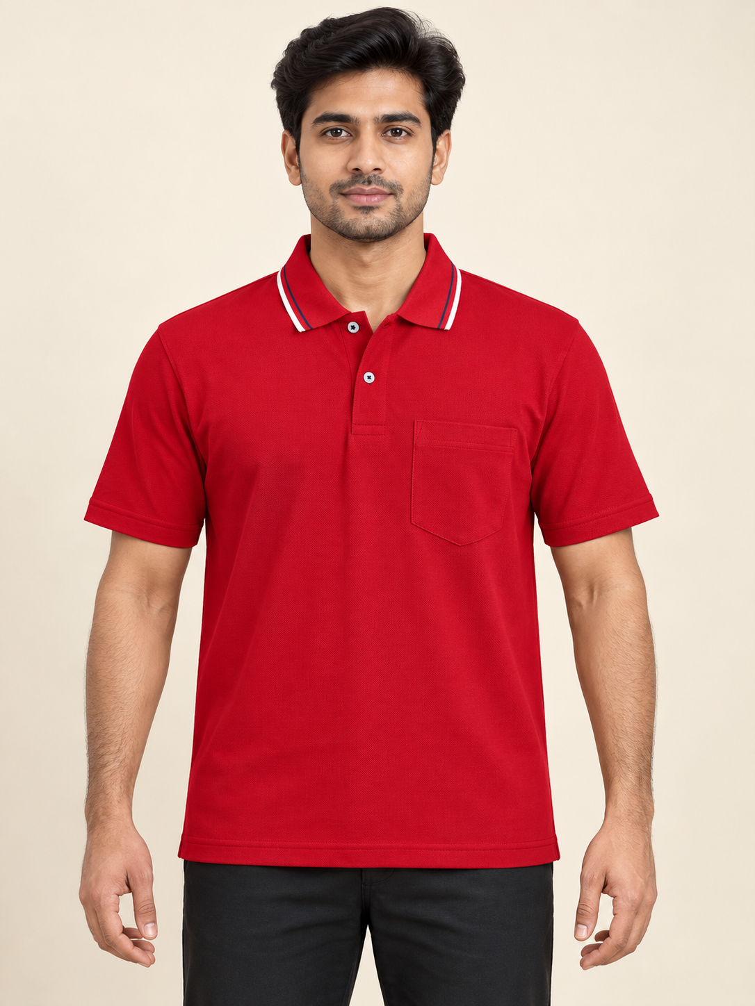 White Edge Collar Pocket Polo T-Shirt - Red on an adult male model, front view.