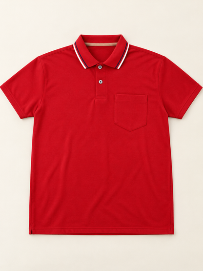 White Edge Collar Pocket Polo T-Shirt - Red, full front product view.