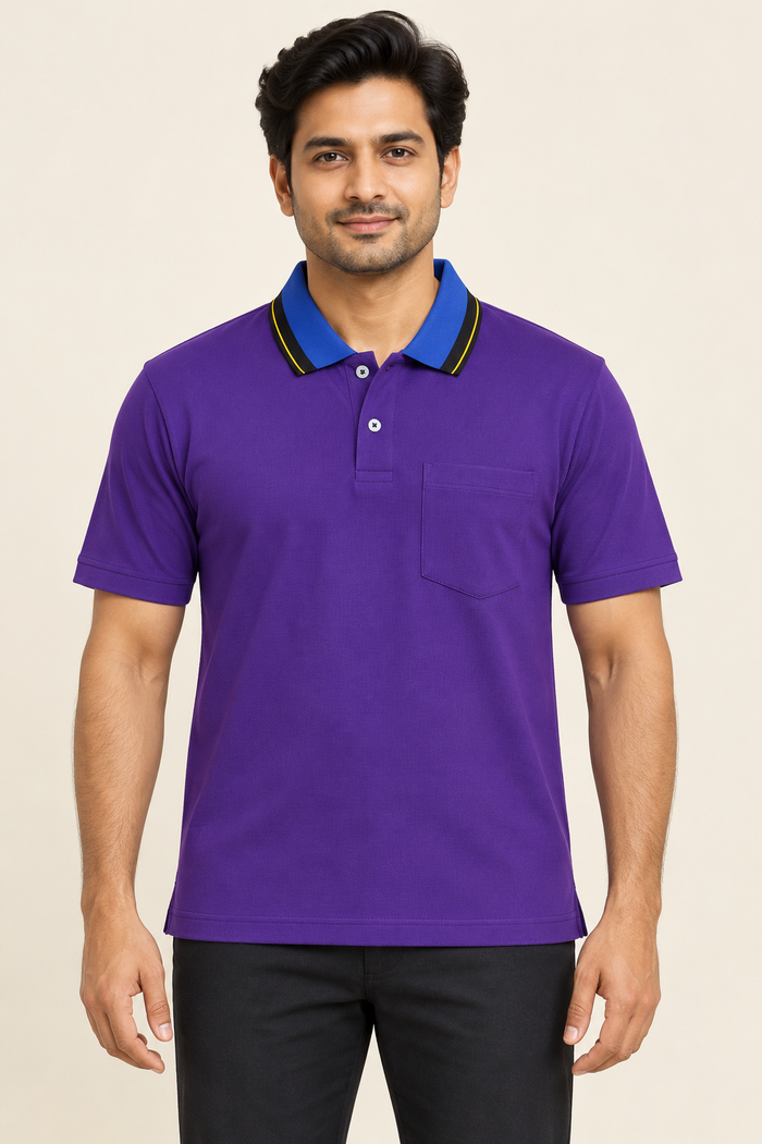 Blue Collar Yellow Edge Pocket Polo T-Shirt - Purple