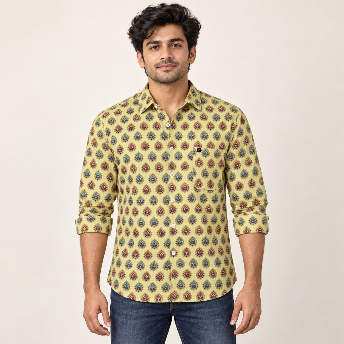 Yellow red and teal medallion full sleeve pocket shirt with small black round pocket badge — adult male model front
