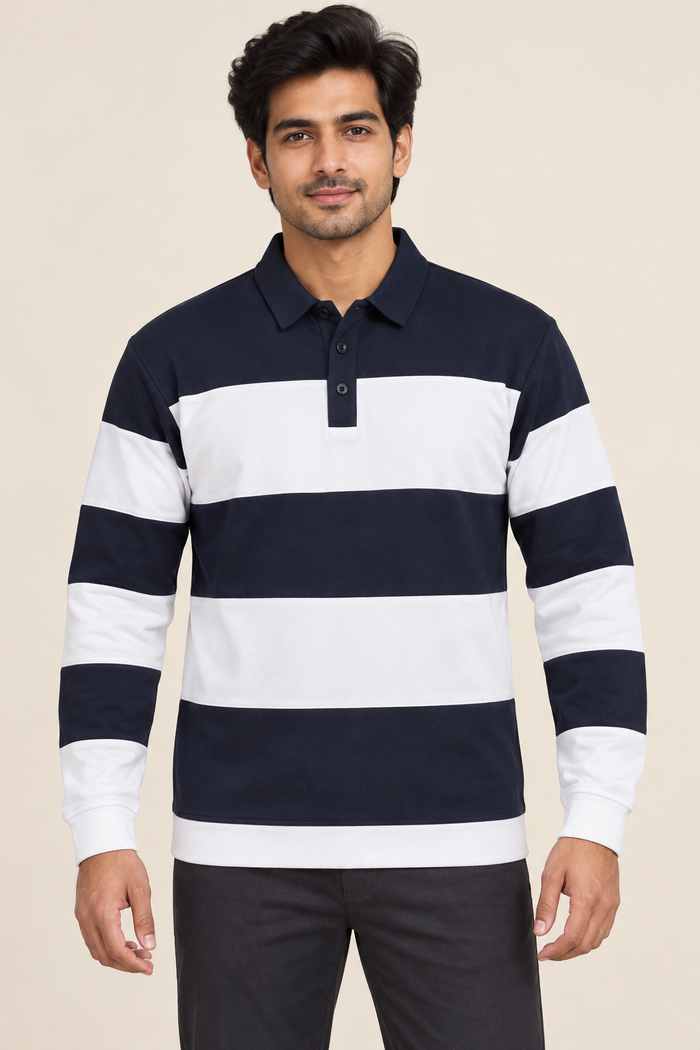 Broad Stripe Long Sleeve Polo T-Shirt - Navy White