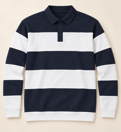 Broad Stripe Long Sleeve Polo T-Shirt - Navy White, full front product view.