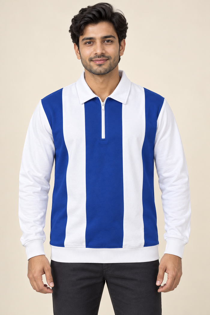 Vertical Stripe Zip Polo T-Shirt - Royal Blue White