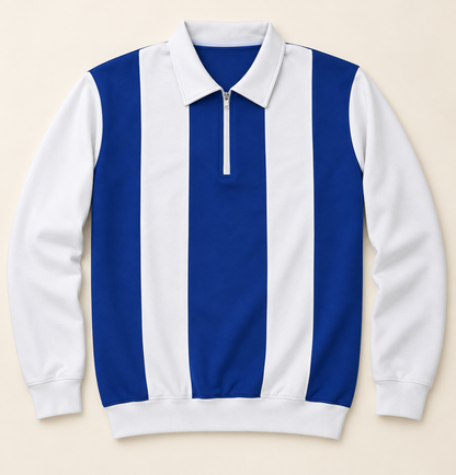 Vertical Stripe Zip Polo T-Shirt - Royal Blue White, full front product view.