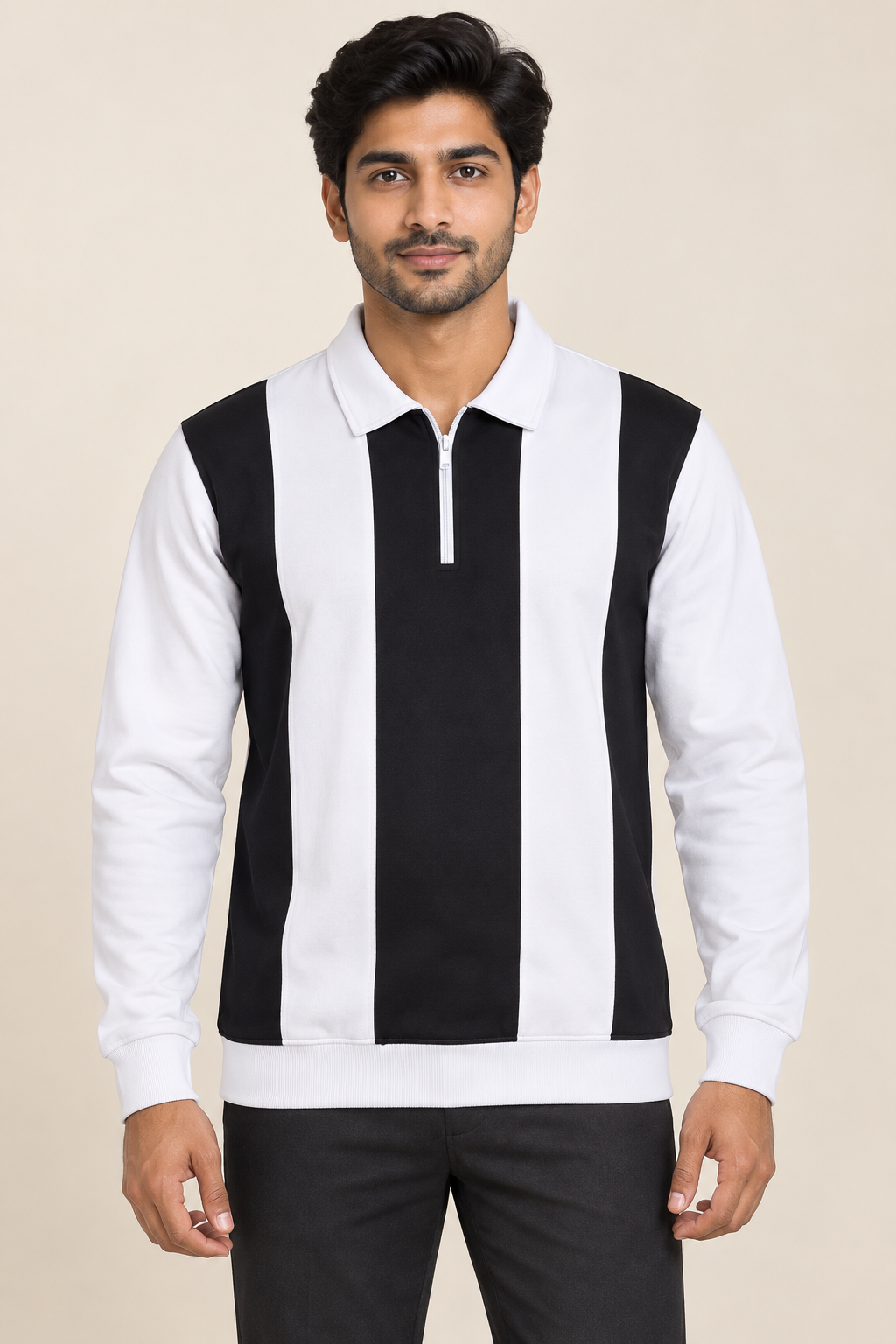 Vertical Stripe Zip Polo T-Shirt - Black White on an adult male model, front view.