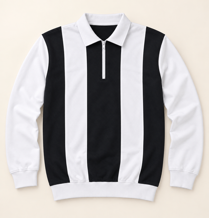 Vertical Stripe Zip Polo T-Shirt - Black White, full front product view.