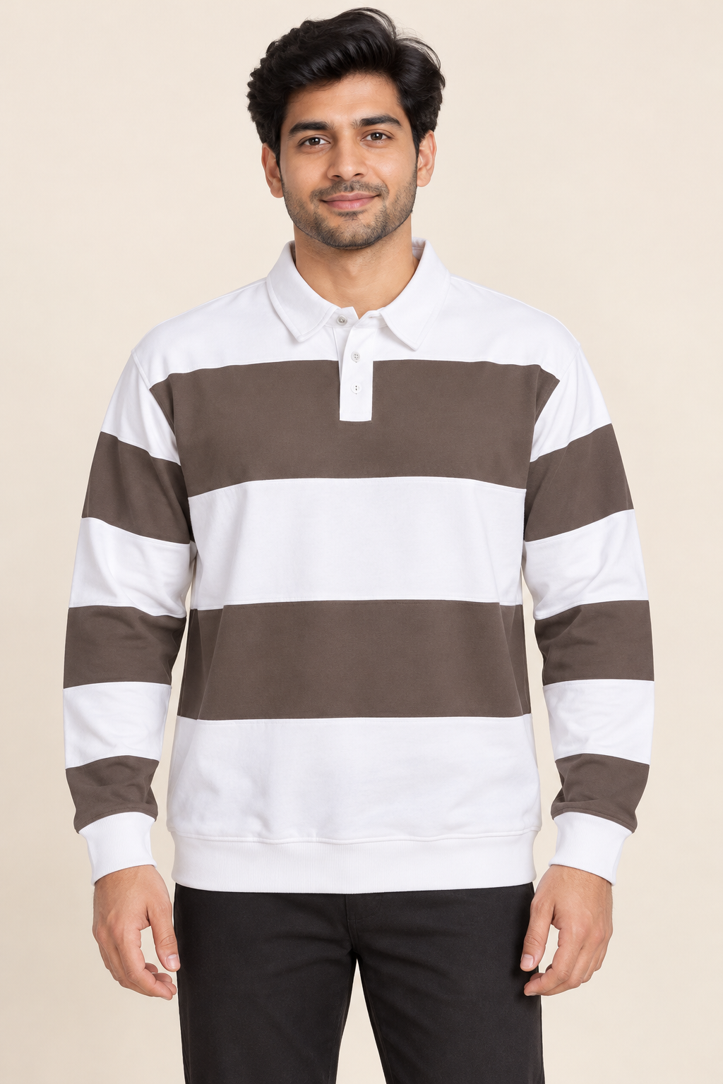 Broad Stripe Long Sleeve Polo T-Shirt - Taupe White on an adult male model, front view.