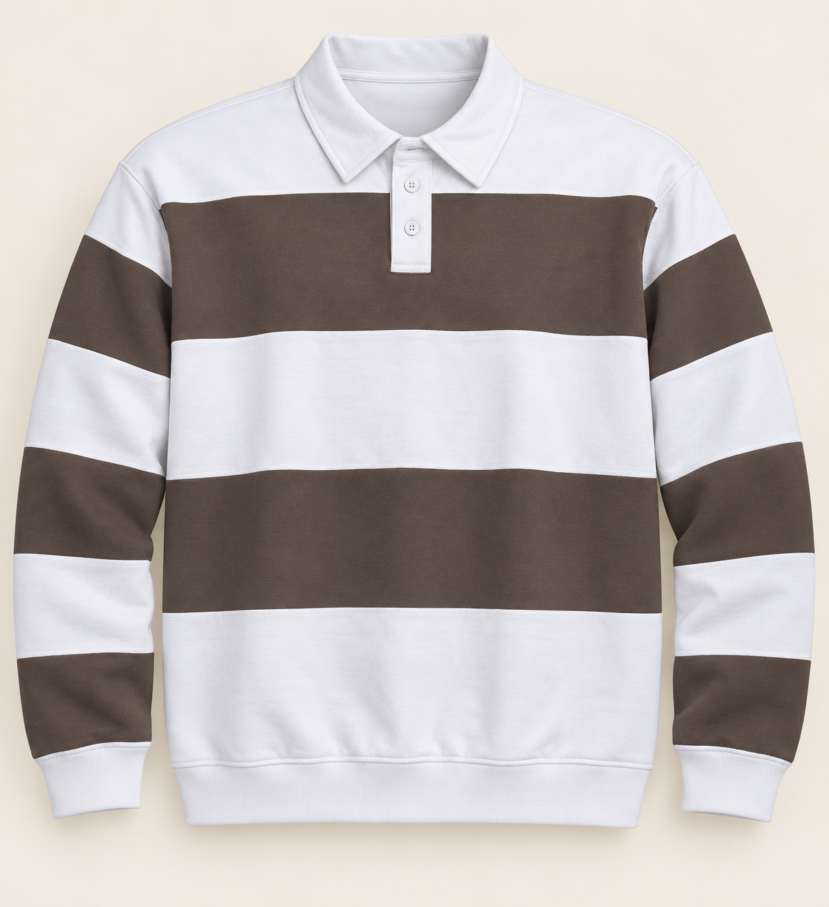 Broad Stripe Long Sleeve Polo T-Shirt - Taupe White, full front product view.