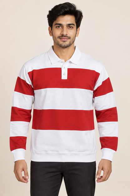 Broad Stripe Long Sleeve Polo T-Shirt - Red White on an adult male model, front view.