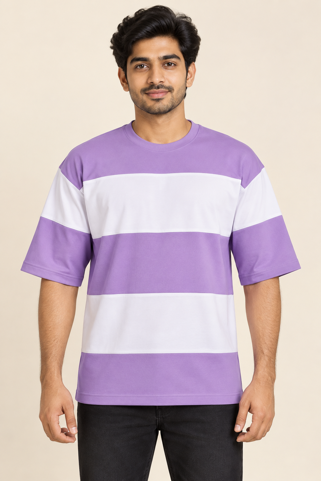 Broad Stripe Drop Shoulder T-Shirt - Lavender White on an adult male model, front view.