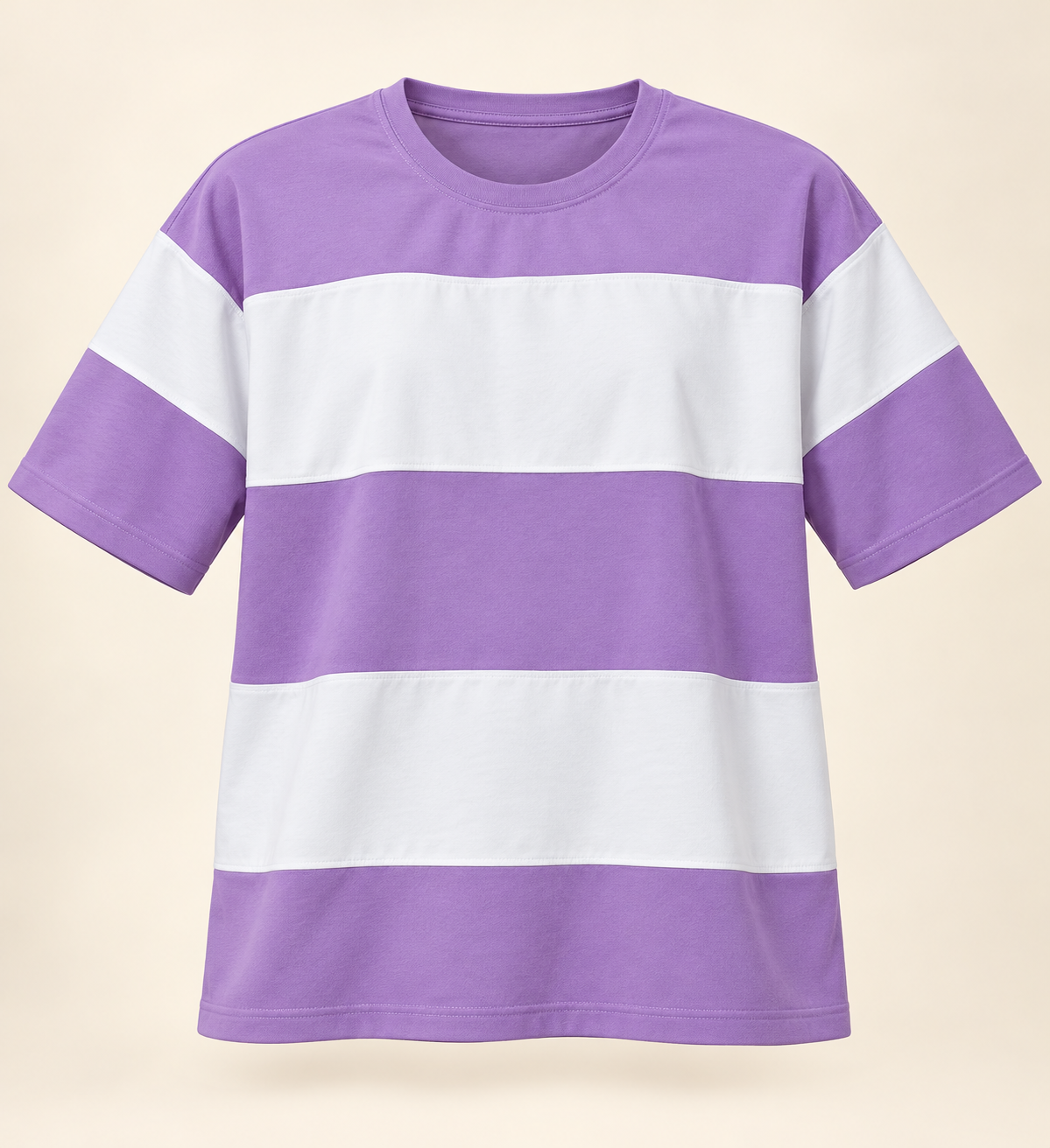 Broad Stripe Drop Shoulder T-Shirt - Lavender White, full front product view.