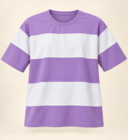 Broad Stripe Drop Shoulder T-Shirt - Lavender White, full front product view.