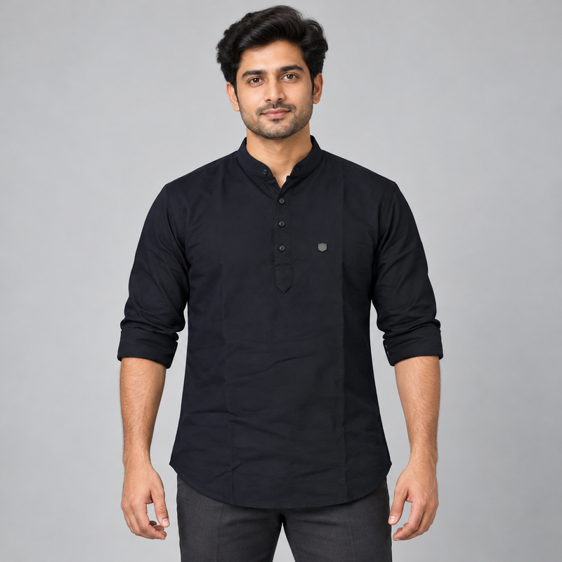 Band Collar Half Placket Full Sleeve Shirt - Black